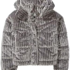 American Eagle Outfitters Plush Ribbed Hooded Puffer Jacket in Gray